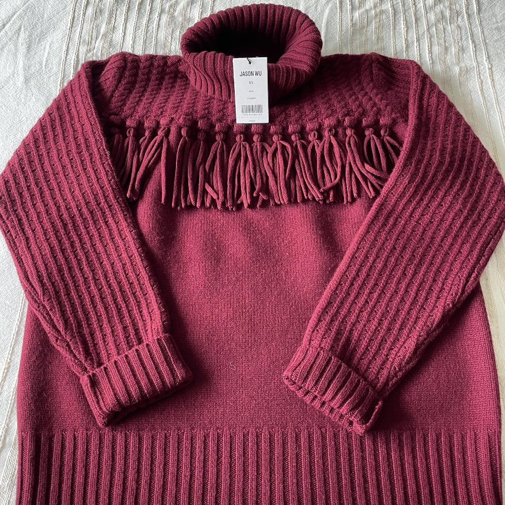 JASON WU - Fringe Turtleneck Merino Wool Sweater - Color Wine XS
